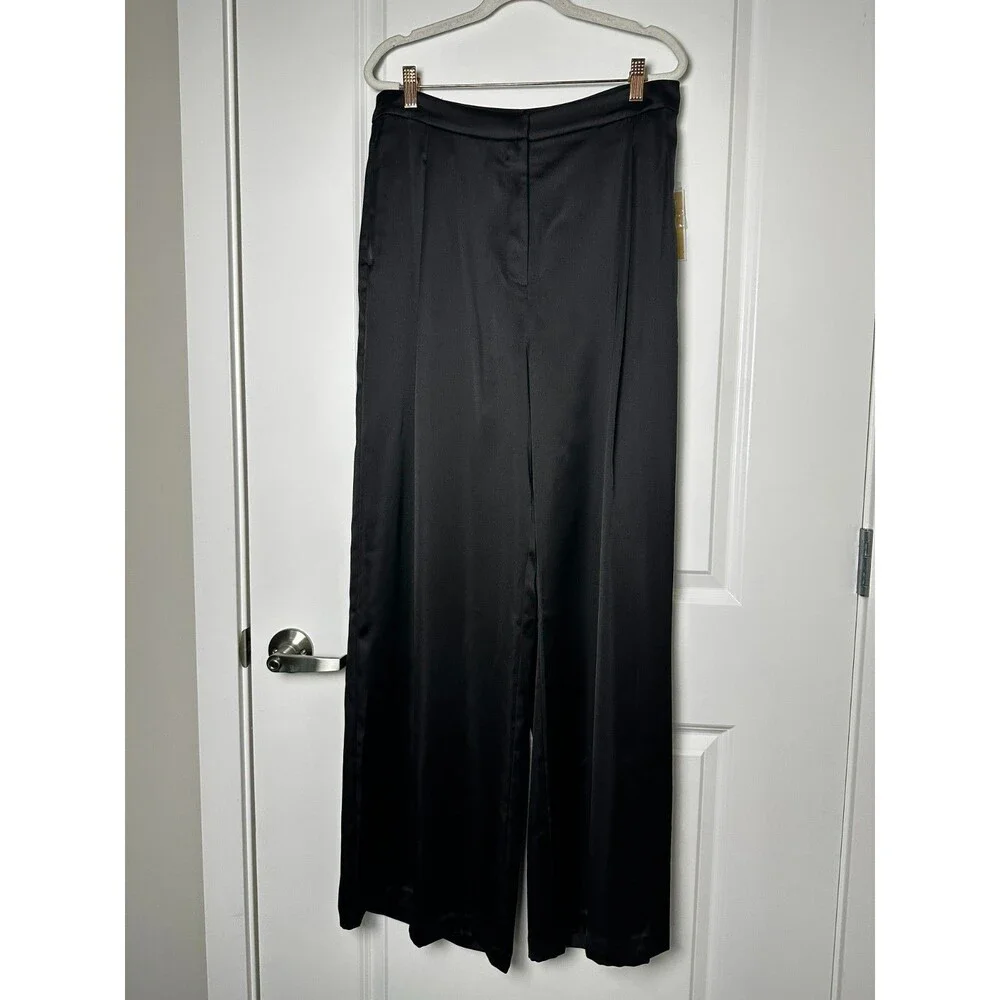 Michael Kors Black Satin Wide Leg Trousers Women's Size 10 Elegant Dress Pants